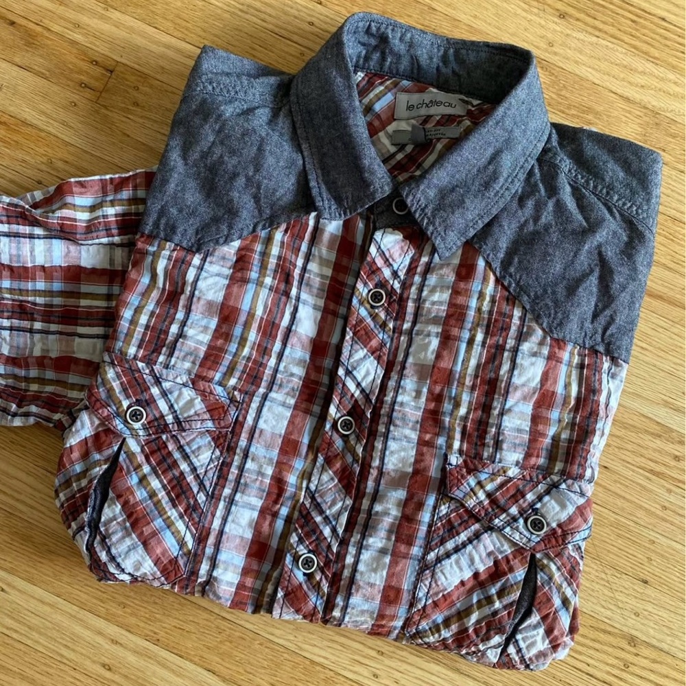 Le Chateau Red and Gray Casual Button Down Shirt